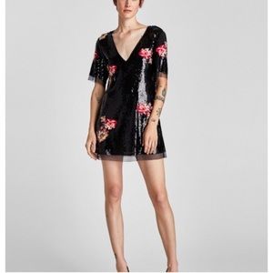 ZaraNWT Black Sequin Embroidered Flower Mini Dress